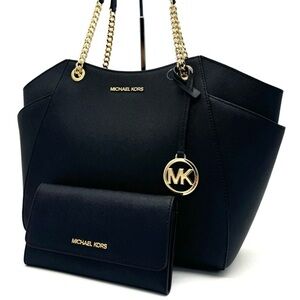 Michael Kors JST Large Chain Shoulder Tote Bag & Trifold Wallet Black/Gold (NWT)